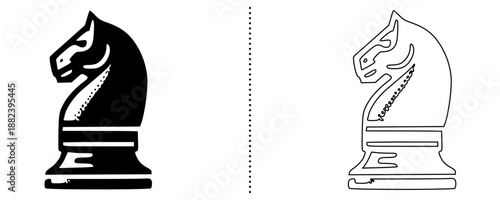 Chess knight piece icon symbolizing strategy, intelligence and tactical thinking, horse chess figure board game vector illustration, solid and outline style isolated on white background