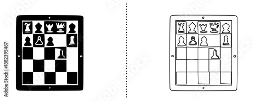 Chess board layout icon with pieces arrangement, strategy and logic board game concept vector illustration, classic chess diagram symbol, solid and outline style isolated on white background