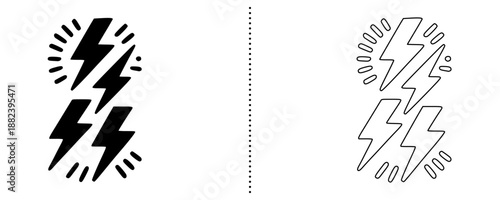 Lightning bolt icon symbolizing electricity, power and energy concept, electric shock warning symbol vector illustration, solid and outline style isolated on white background