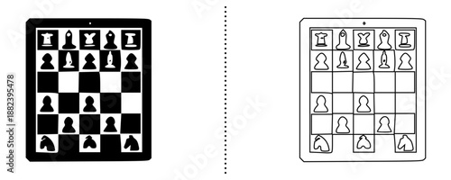 Chess board game icon with pieces, strategy and logic concept vector illustration, classic chess match symbol, solid and outline style isolated on white background