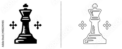 Leadership and power icons showing chess queen piece symbol for business strategy, authority and success concept in solid and outline vector style for web, app and UI design