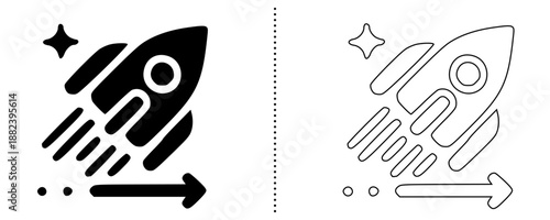 Startup rocket launch and business direction icons showing growth, progress and forward movement with arrow and speed effect in solid and outline vector style for web, app and UI design