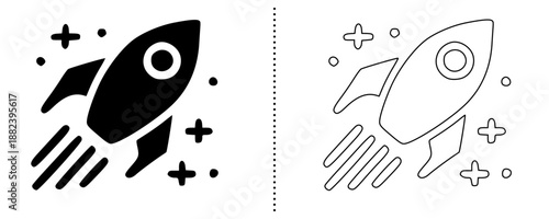 Startup rocket launch and fast business growth icons showing innovation, progress and success with space rocket in solid and outline vector style for web, app and UI design