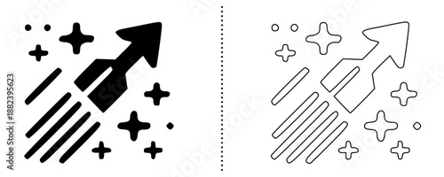 Fast business growth and upward trend icons showing acceleration, progress and success with rising arrow and motion effect in solid and outline vector style for web, app and UI design