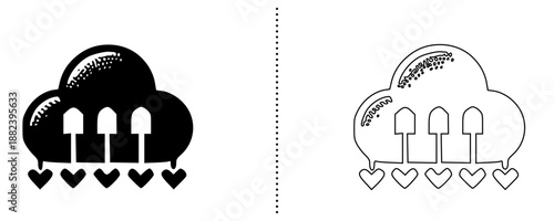 Cloud storage and data synchronization icons showing upload, download and file transfer arrows for cloud computing technology in solid and outline vector style for web, app and UI design