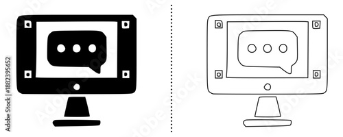 Customer support and live chat interface icons showing online messaging, help desk communication and chatbot conversation on screen in solid and outline vector style for web, app and UI design