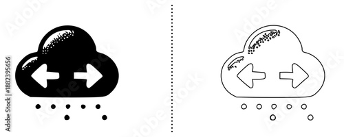 Cloud computing and data transfer icons showing upload, download, synchronization and file exchange with arrows in solid and outline vector style for web, app and UI design