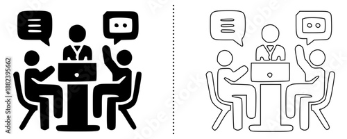 Business meeting and team discussion icons set with communication, collaboration, brainstorming and workplace conversation in solid and outline vector style for web, app and UI design