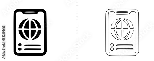 Mobile passport and digital identity document icon set in solid and outline style, online identification and travel ID symbol vector illustration isolated on white background