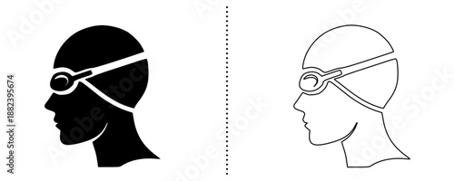 Swimmer profile with swimming goggles icon set in solid and outline style, water sport athlete head symbol vector illustration isolated on white background, modern minimal flat design for fitness apps