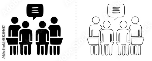 Group discussion communication icon set in solid and outline style, team conversation and collaboration symbol vector illustration isolated on white background, modern minimal flat design for apps, UI