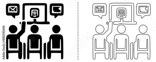 Team communication discussion icon set in solid and outline style, messaging and collaboration symbol vector illustration isolated on white background, modern minimal flat design for apps, UI, web