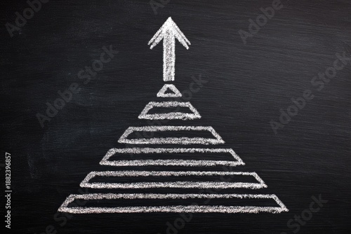 A chalk drawing on black, a series of horizontal lines forming a pyramid shape with an upward-pointing arrow at the apex