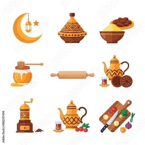 Middle Eastern Cuisine Cooking Utensils and Ingredients.