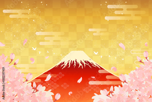 桜と赤富士のイラスト_横3