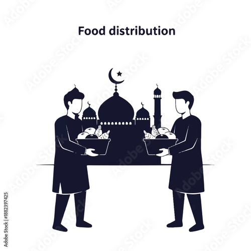 Men Distributing Food Near Mosque Silhouette.