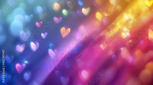Colorful heart shaped bokeh lights create dreamy and romantic atmosphere with glowing rainbow prism effects and soft light blending in vibrant abstract background