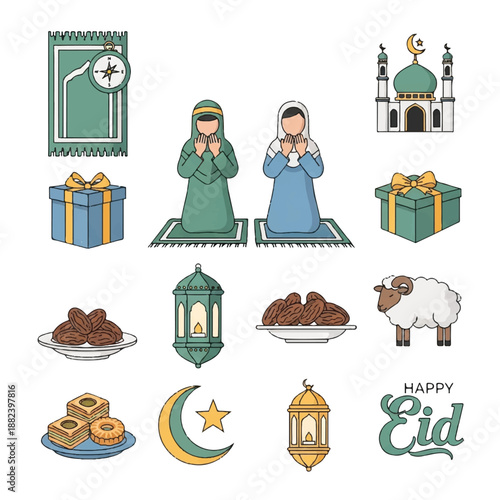 Islamic Eid Mubarak illustrations and symbols collection.