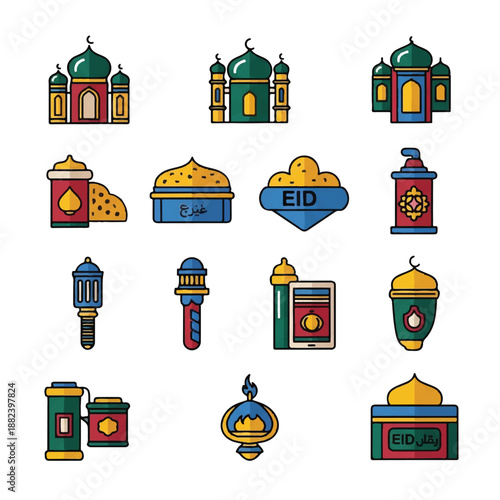 Islamic Icons and Symbols for Eid Celebration.