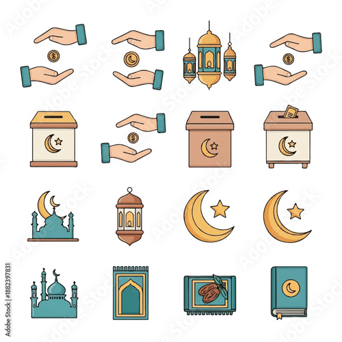 Ramadan Charity Icons Set with Mosque and Crescent.