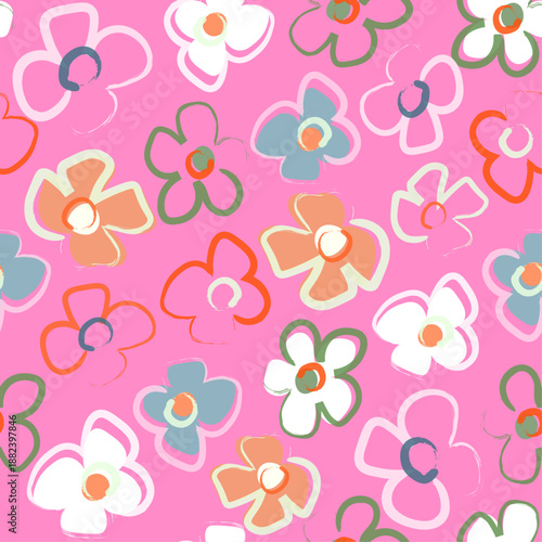 Cute pink and white floral surface design. Simple daisy doodle pattern for stetionery, kids fashion and wrapping paper.