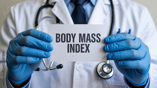 Medical Professional Holding Body Mass Index (BMI) Card, Emphasizing Health, Weight Management, and Wellness in a Clinical Setting