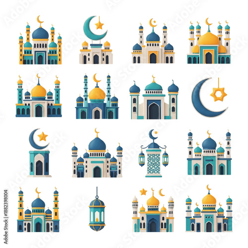 Islamic Mosque Icons and Symbols Collection.