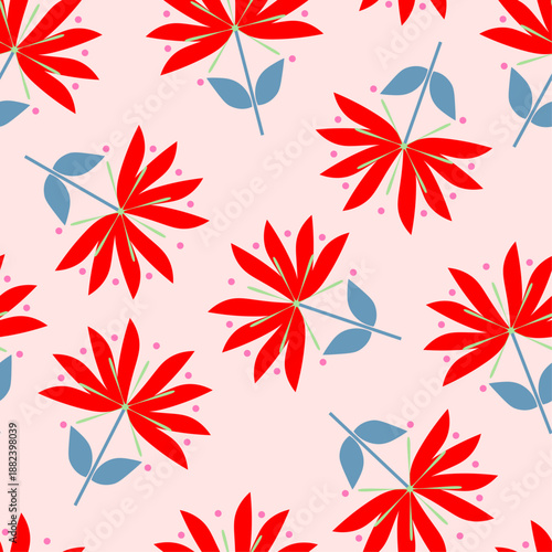 Folk-inspired floral vector pattern on pastel pink background