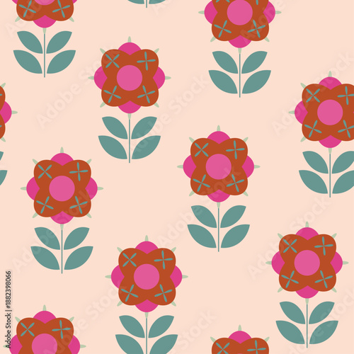Playful red floral repeat on pastel peach background for textile design