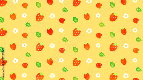 苺とお花のパターン背景イラスト