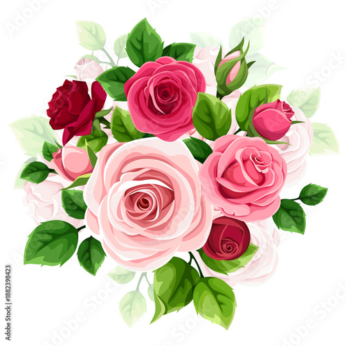 Roses bouquet. Red and pink roses and green leaves isolated on a white background. Vector illustration