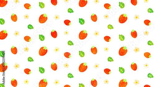 苺とお花のパターン背景イラスト