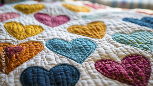 Wallpaper Mural Hand stitched fabric quilt with colorful heart patches in blue, yellow, orange, and purple tones, showcasing detailed quilting and cozy, warm texture perfect for home decor Torontodigital.ca