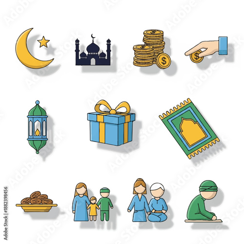 Ramadan Icons Featuring Mosque and Charity.