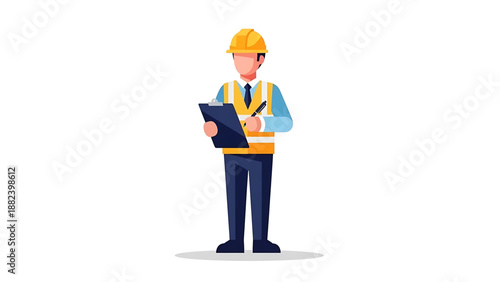 Construction worker in hard hat and safety vest writing on clipboard, professional inspector performing site survey and documentation