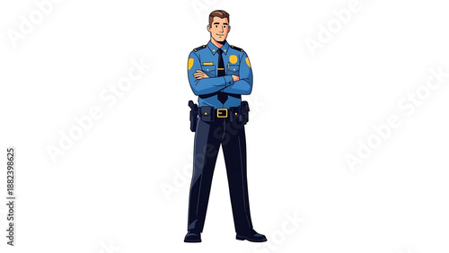 Confident and Professional Male Police Officer in Blue Uniform Standing with Arms Crossed, Ready to Serve and Protect the Community