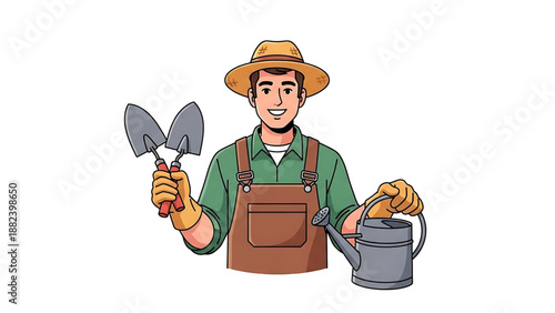Gardener character holding gardening tools and watering can, ready for planting and cultivation in a garden