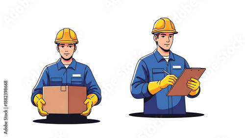 Two construction workers in uniform, one holding a box and the other with a clipboard and pen, illustrating logistics and inspection