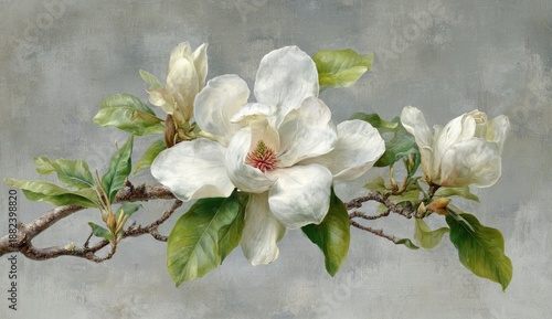 A close-up view of a magnolia branch adorned with white blooms and lush green leaves, set against a muted grey background