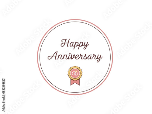 Happy Anniversary message with wedding rings icon and celebration ribbon