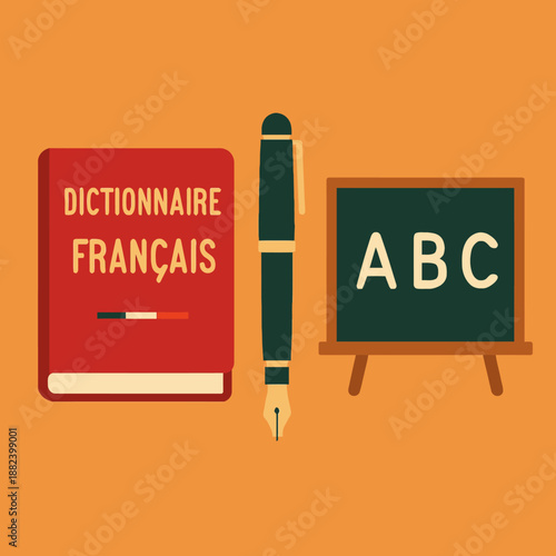 French language classroom supplies flat icon set