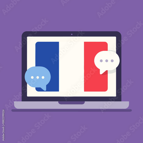 Laptop screen showing French flag and video call icons