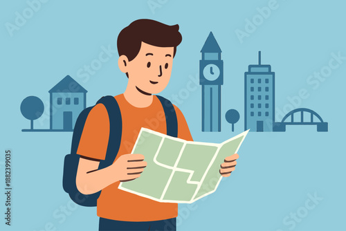 Student with backpack looking at a map of Paris