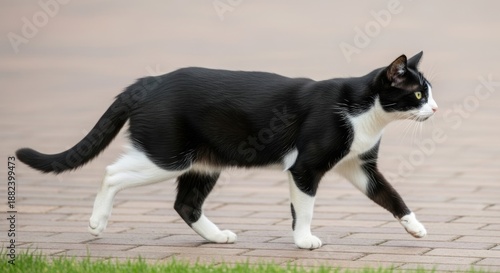 Black and white cat walking on a brick pathway with sleek fur. Tuxedo cat mid-stride on a brick path with a blurred background. Candid photograph of a feline walking on an outdoor brick walkway.