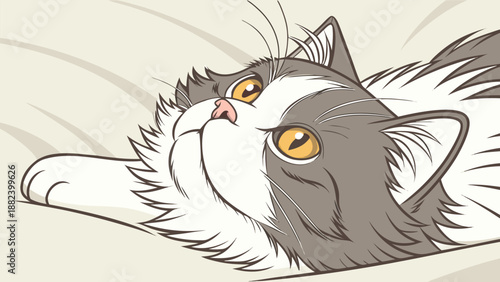 A Charming Cartoon Style Illustration of a Gray and White Cat Looking Upwards