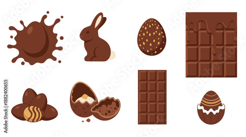Collection of Chocolate Easter Sweets with Eggs Bunny and Chocolate Bar