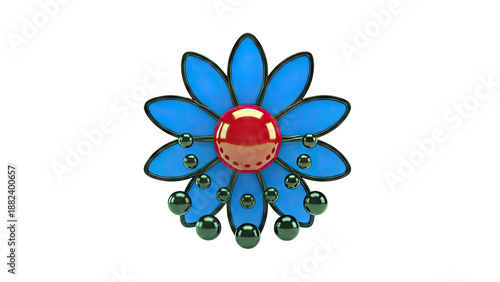 Stylized Blue Flower with Red Center and Black Spheres