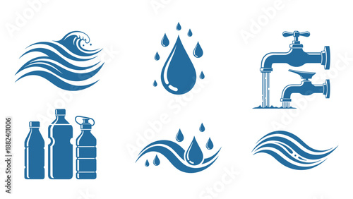 Water Resource Icons Collection: Pipes Drops Waves and Bottles in Blue on White