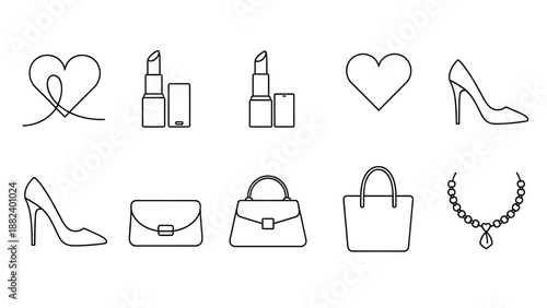Fashion Icon Set: Heels Lipstick Handbags and Jewelry in Minimalist Outline Style