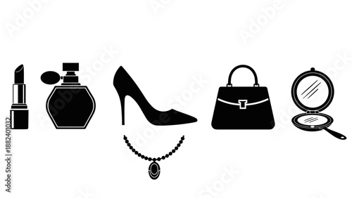 Feminine Fashion: Hand Mirror Purse Stiletto Necklace Perfume and Lipstick Icons